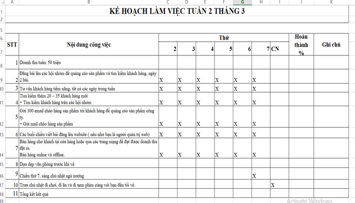 Bảng kế hoạch công việc cần có nội dung nào?